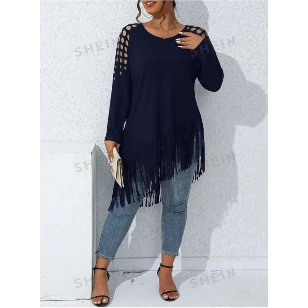 SHEIN LUNE Plus Cut Out Shoulder Fringe Hem Tee, 2XL - Picture 4 of 5